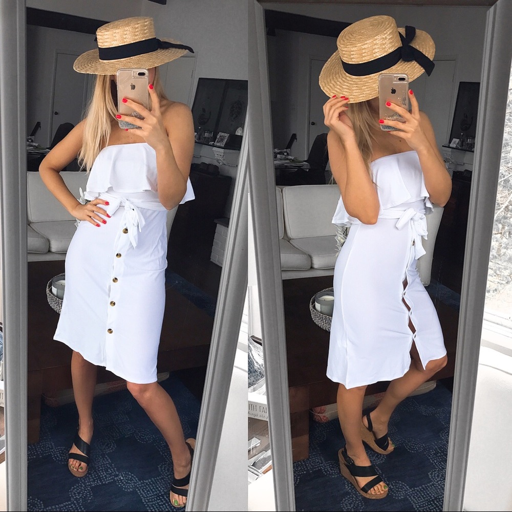 🆕 WHITE RUFFLE OPEN SHOULDER BUTTON MIDI DRESS! - Picture 6 of 10